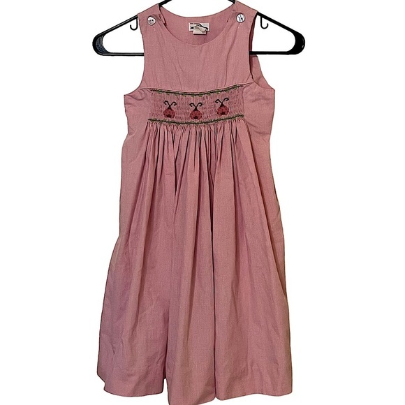 Silly Goose Pink Mini Check Hand Smocked Sleeveless Dress Sz 5 Lady Bug - Picture 1 of 9